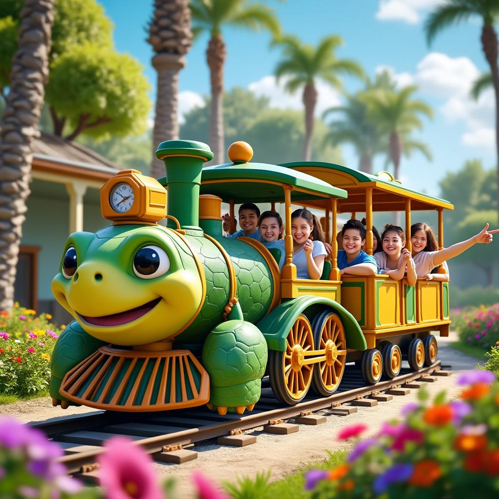 Create an ultra-realistic image of a whimsical miniature train, featuring a large turtle-shaped locomotive pulling two smaller turtle-shaped cars. Inside the cars, depict six smiling people, with two of them joyfully pointing to the sides as if showing something interesting. Set this charming scene within a vibrant resort environment, complete with lush greenery, colorful flowers, and a sunny blue sky. Emphasize natural lighting that enhances the cheerful atmosphere, and ensure high detail and realism in the expressions of the people and the textures of the turtles. Capture the playful essence of this imaginative train ride in a breathtaking composition.