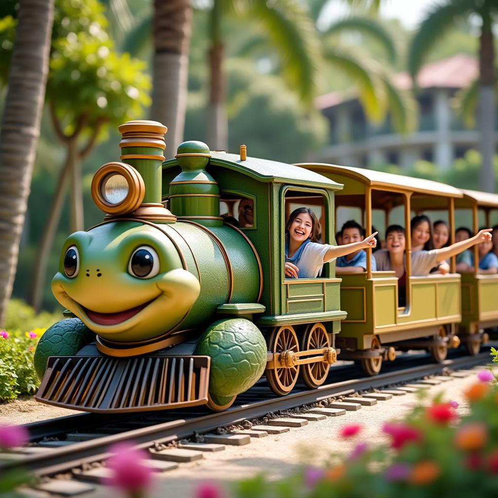 Create an ultra-realistic scene of a miniature train, with a large turtle-shaped locomotive leading two smaller turtle-shaped cars. Inside each car, depict six smiling people, with two of them pointing excitedly to the sides as if showcasing something interesting. The setting is a luxurious resort, featuring lush greenery and vibrant flowers in the background. Emphasize soft, natural lighting that enhances the cheerful atmosphere, and ensure a high level of detail in both the characters and the train design. The composition should be dynamic, capturing the joy and excitement of the scene while maintaining a realistic quality.