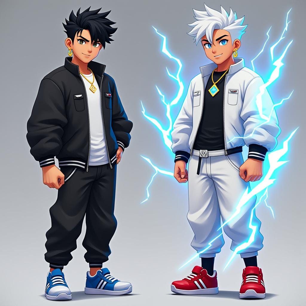 Create a 3D Minecraft-style illustration featuring two distinct characters, each emphasizing their unique elemental powers and personalities. 
**Character 1: Dal**
- Age: 16, Male, Aromantic Asexual
- Main Element: Thunder ⚡
- **Normal Mode Appearance:** Beige skin, black hair and eyes. He wears a sleek black jacket over a crisp white shirt, complemented by black pants with a white belt and stylish blue sneakers. His style embodies an urban adventurer aesthetic—simple yet modern.
- **Combat Mode Appearance:** Transitioning to combat, Dal's skin remains beige, but his hair turns white, and his eyes glow with electric white sparks. He dons a striking white jacket over a black shirt, white pants with a black belt, and vibrant red sneakers. Surround him with a dynamic electric aura, shimmering with intensity.
- **Accessories:** Golden earrings that channel electricity and a thunder symbol necklace inherited from his mother, symbolizing his strength and stability.
- **Personality