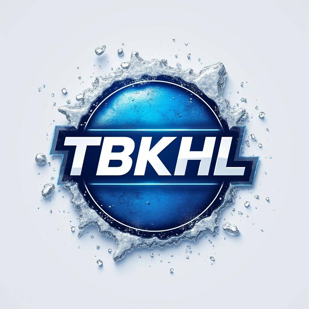 Create a minimalistic and modern logo for a Telegram hockey channel featuring the text "TBKHL" in a clean, bold sans-serif font. The letters should be slightly connected and centered within the composition. Use an ice or metallic texture for the background, employing a cold color palette of blue, silver, and white to achieve high contrast. The design should be simple and professional, making it ideal for a round Telegram avatar. Aim for a polished, high-quality finish that emphasizes clarity and visual impact.
