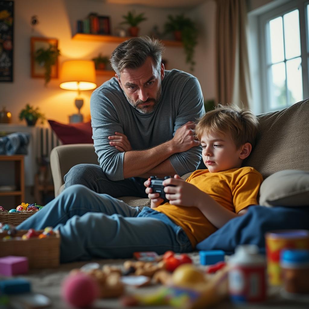 A weary father, visibly exhausted, gazes down at his lazy son lounging on a couch surrounded by scattered toys and snacks. The scene is softly lit with warm, ambient light filtering through a nearby window, creating a cozy yet slightly chaotic atmosphere. The father, with a furrowed brow and crossed arms, exudes a mix of frustration and concern. The son, oblivious to his father's gaze, is sprawled comfortably, engrossed in a video game. The composition should focus on the contrasting emotions between the father and son, highlighting the playful messiness of the room with a realistic style and high-definition quality.