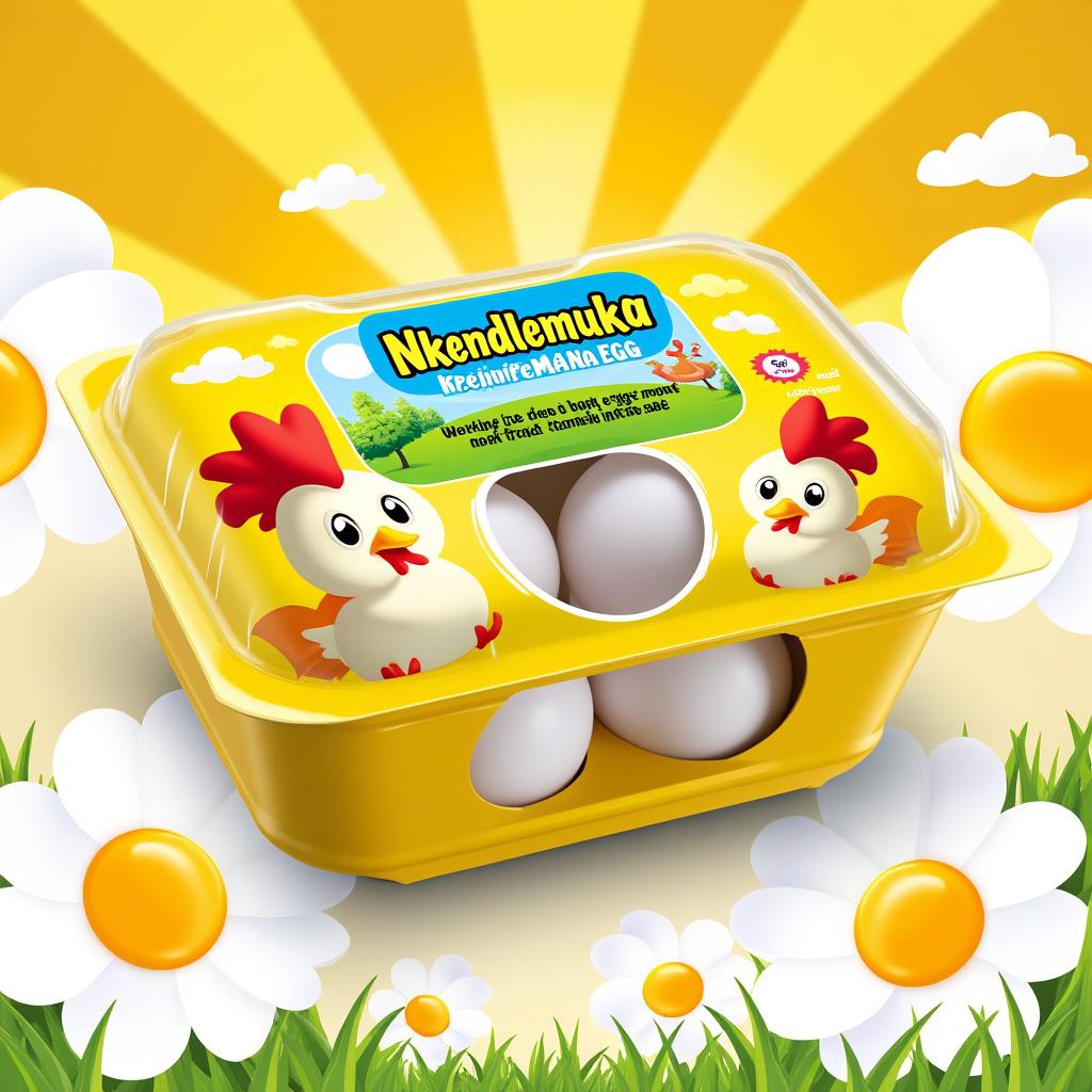 Create a vibrant and eye-catching packaging design for a brand named "Nkendlemuka," specifically tailored for chicken and egg products. The packaging should feature cheerful, cartoon-style illustrations of happy chickens and fresh eggs, set against a bright, sunny background. Incorporate a bold and playful typography for the brand name "Nkendlemuka," ensuring it stands out prominently. Use warm colors like yellows, oranges, and greens to evoke a sense of freshness and quality. The overall composition should be balanced and inviting, with a glossy finish to enhance visual appeal and a clear window to showcase the eggs. Aim for a modern yet rustic aesthetic that conveys trust and homeliness.