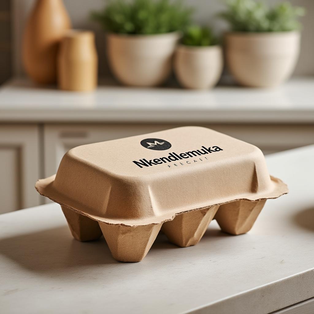 Create a high-quality, artistic representation of a paper egg carton featuring the brand name "Nkendlemuka." The design should showcase a modern and eco-friendly aesthetic, with intricate details on the carton’s texture and structure. Use soft, natural lighting to enhance the visual appeal, highlighting the curves and folds of the paper. Incorporate a minimalist color palette with earthy tones, and ensure the typography of the brand name is elegant and prominently displayed on the front. The composition should focus on the carton in a slightly angled perspective to provide depth, set against a subtle, blurred background that suggests a kitchen or market environment.