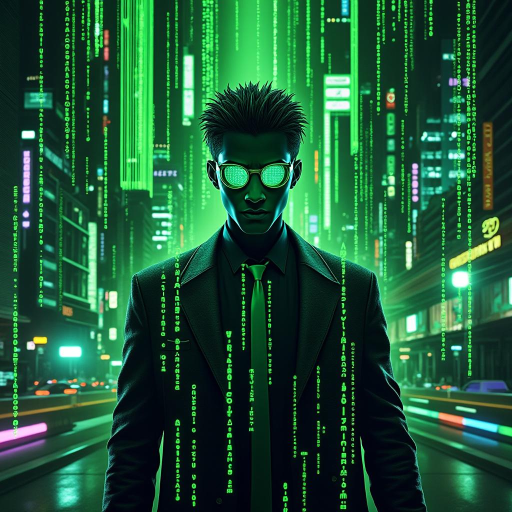 Create a visually striking image inspired by the Matrix, featuring Apu from Apucoin as the central character. Incorporate a futuristic cityscape with a digital rain effect, reminiscent of cascading green code. Surround Apu with various cryptocurrency symbols and digital coins, integrating vibrant neon colors to enhance the cyberpunk aesthetic. Use dramatic lighting to create a strong contrast between shadows and bright highlights, ensuring a dynamic composition that captures the essence of the crypto theme. Aim for a high-resolution, detailed style that evokes a sense of depth and immersion in this digital world.