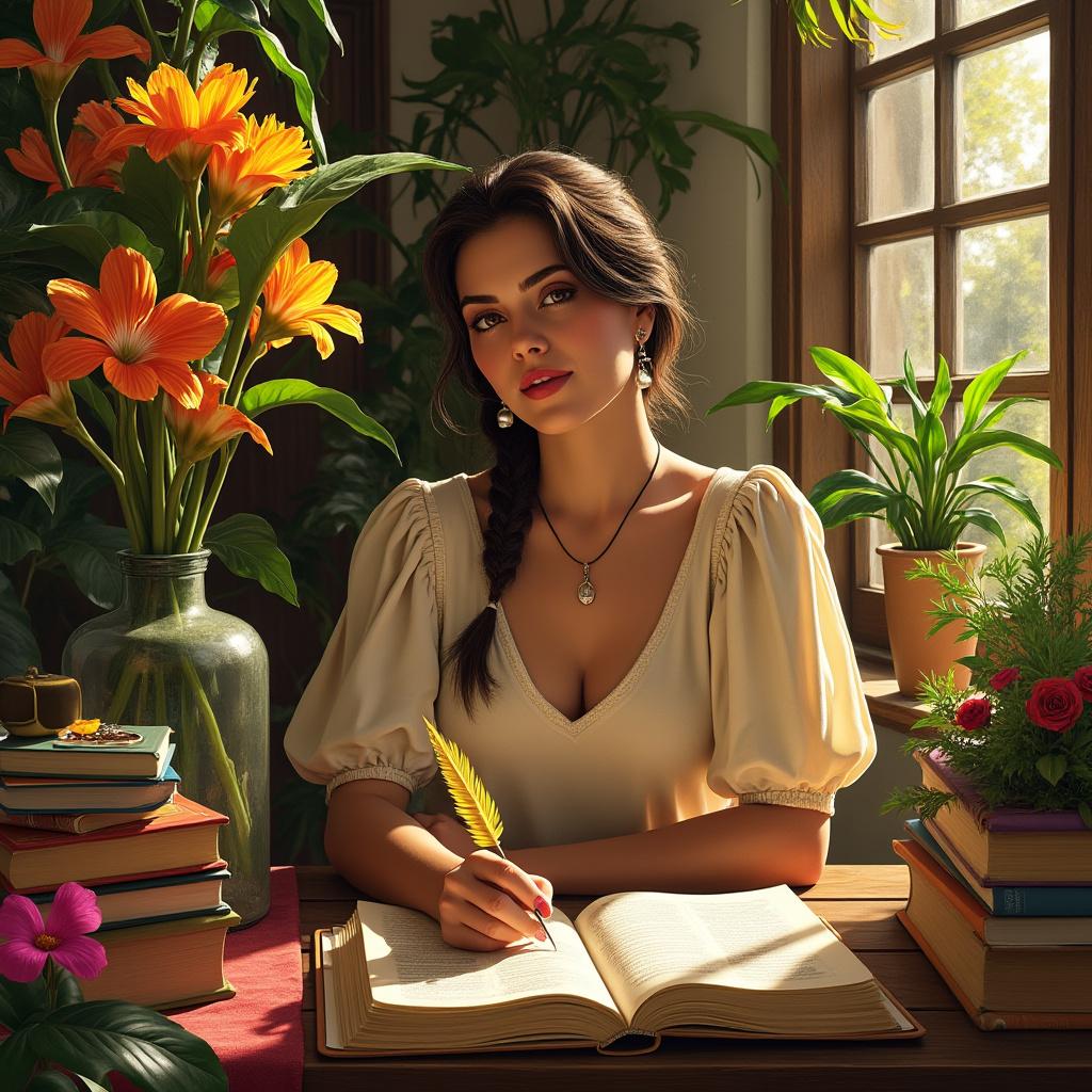 A realistic digital painting of Júlia Lopes de Almeida, depicting her with a serene expression and a reflective gaze. Surround her with elements of Brazilian culture, including vibrant tropical flowers, open books, a golden quill, and colonial windows, arranged in a harmonious composition. Use warm tones and soft golden lighting to create an inviting atmosphere that conveys poetry, wisdom, and a deep connection to Brazil's cultural roots. Emphasize rich textures and intricate details to enhance the overall quality of the scene.
