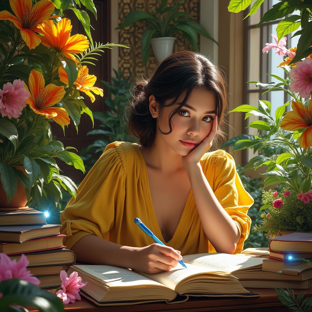 Create a hyper-realistic digital painting of Júlia Lopes de Almeida, capturing her serene expression and inspiring gaze. Surround her with vibrant Brazilian cultural elements, including lush tropical flowers, open books, and ornate colonial architecture, all bathed in warm golden light. Integrate modern technological details such as glowing circuits, soft holograms, and ethereal blue highlights. The scene should harmoniously blend nature, literature, and innovation, symbolizing the fusion of tradition, art, and artificial intelligence. Utilize a digital brush texture to enhance depth, employ balanced natural lighting, and ensure a poetic, futuristic atmosphere with a cohesive composition.