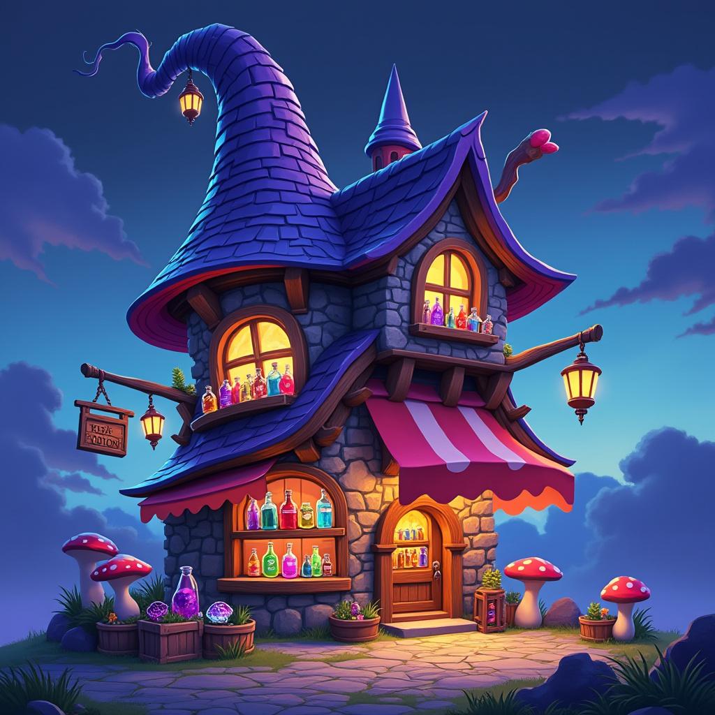 A vividly colorful, stylized medieval European wizard’s potion tower featuring an inviting storefront at its base. The lower section houses a cozy potion shop adorned with a large, gracefully curved awning, emitting a warm glow from illuminated potion shelves. The exterior showcases hanging signs and an array of vibrant bottles displayed enticingly outside. Surrounding the entrance, there are rustic crates and chests filled with sparkling crystals and whimsical mushrooms, complemented by a small, winding stone path leading up to the shop. Above, the tower transitions from rugged stone to smooth plaster walls, accented by exposed wooden beams, culminating in a tall, whimsical roof resembling a wizard’s hat, embellished with bright, curved roof tiles. The scene is bathed in warm, inviting light from the shop, creating a striking contrast against a cool twilight sky. Executed in a painterly, vibrant fantasy concept art style, the image embodies rich colors and clear, stylized forms reminiscent of Kena: Bridge of Spirits, Disney, or DreamWorks.