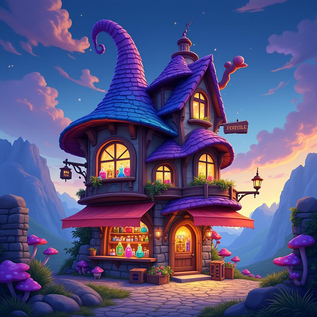 A vibrant and stylized medieval European wizard's potion tower featuring a prominent storefront at its base. The lower section is a cozy potion shop adorned with a large, curved awning and glowing potion shelves, surrounded by hanging signs and lanterns that emit a warm, inviting light. Colorful bottles are artfully displayed outside, complemented by crates and chests filled with shimmering crystals and whimsical mushrooms near the entrance. A quaint stone path leads up to the shop. The tower above seamlessly transitions from rustic stone at the bottom to textured plaster walls with intricate wooden beams, culminating in a tall, whimsical roof resembling a wizard's hat, covered in bright, curved roof tiles. The scene is illuminated by the warm glow from the shop, contrasting beautifully with a cool twilight sky filled with soft hues. Rendered in a painterly, vibrant fantasy concept art style, this highly colorful composition features clear, stylized forms reminiscent of Kena: Bridge of Spirits, Disney, or DreamWorks, capturing the magic and charm of