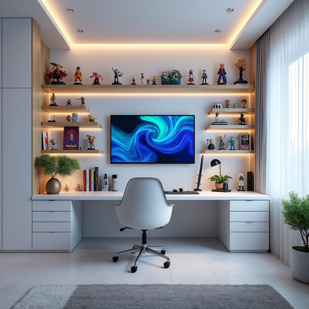Create a high-quality 3D rendering of a modern, minimalist bedroom viewed from the perspective of a camera positioned on a sleek desk setup. The atmosphere should feel chill and balanced, merging simplicity with a vibrant pop culture aesthetic. 
The back wall is predominantly white, accented with black elements and light wooden shelves that display an array of figurines from iconic anime series such as Naruto, Dragon Ball, and One Piece. Incorporate a few katanas and collectible items, including the Master Sword from Zelda, to enhance the geek culture theme.
A large TV or wall-mounted screen should feature a stylized background image, contributing to a modern and immersive environment. The lighting must be soft and subtle, utilizing gentle LED tones in blue or warm hues, creating a relaxing yet professional ambiance without overwhelming the color palette.
Ensure the overall style is clean, realistic, and harmonious, capturing a space that elegantly showcases both geek culture and minimalist design principles.