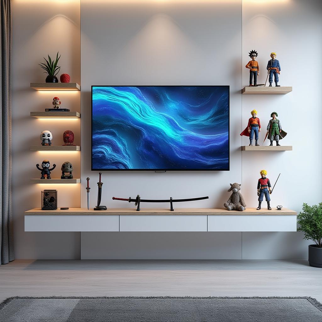 Create a 3D image of a modern and minimalist bedroom, viewed from a camera positioned on a desk setup. The ambiance should be chill and balanced, merging simplicity with a strong pop culture aesthetic. The back wall is predominantly white, adorned with subtle black accents and light wooden shelves. Displayed on the shelves are figurines from iconic anime series such as Naruto, Dragon Ball, and One Piece, accompanied by a few katanas and collectible items like the Master Sword from Zelda. A large wall-mounted TV or screen features a stylized background image, enhancing the modern and immersive atmosphere. The lighting is soft and subtle, utilizing gentle LED tones in shades of blue and warm hues, creating a relaxing yet professional environment without overwhelming colors. The overall style should be clean, realistic, and harmonious, encapsulating both geek culture and a refined minimalist design aesthetic. Focus solely on the wall and its elements, avoiding the desk setup in the frame.