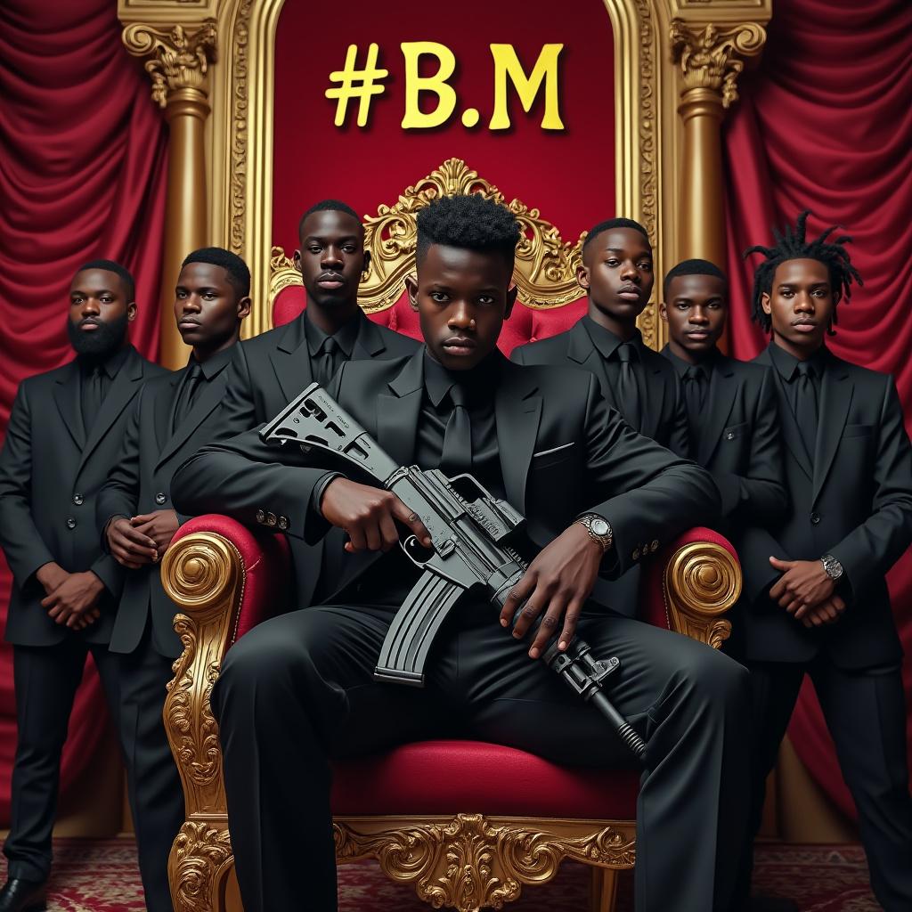 Generate an image of a young Black king seated on an ornate throne, wearing a sleek black baby boss-style suit. He has a serious and determined expression on his face, with an AK-47 resting on his knees. Surrounding him are a group of young soldiers, each in distinct suits representing diverse origins, displaying slight, confident smirks that convey loyalty and determination, resembling a pack of young wolves. The background features a luxurious royal setting, adorned with rich red curtains and an elegant palace arch. At the top of the image, include an inscription in gold, styled in regal lettering, reading "#B.M". Use dramatic lighting to enhance the royal atmosphere, ensuring high-quality detail and vivid colors throughout the composition.