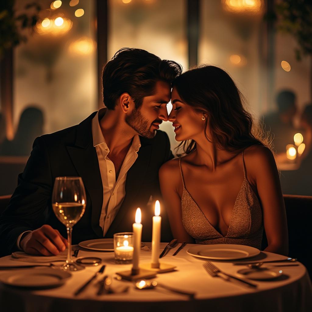A romantic couple seated at an elegantly set restaurant table, surrounded by a softly illuminated, smoky atmosphere. The warm, dim lighting creates an intimate ambiance, casting gentle shadows and highlighting their expressions. The table is adorned with fine dining elements, including polished cutlery, flickering candles, and delicate wine glasses. The background features blurred silhouettes of other patrons and subtle hints of lush decor, enhancing the cozy, sophisticated vibe. Focus on realistic textures and warm color tones to evoke a sense of romance and tranquility.