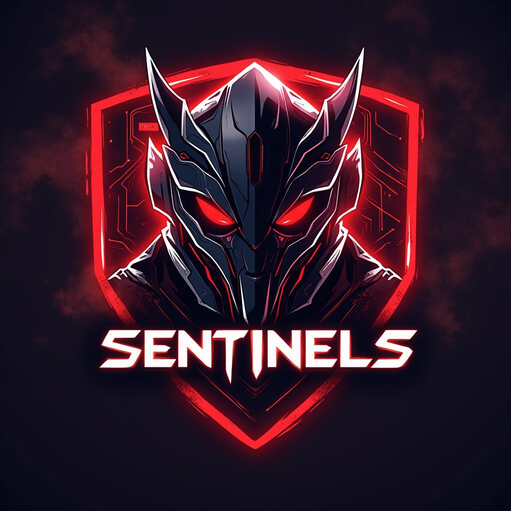 Create a professional esports clan logo for a team named “SENTINELS,” tailored for the game Blood Strike. The design should prominently feature a futuristic guardian helmet with sharp, angular armor and striking glowing red eyes, embodying strength and vigilance. Surround the helmet with intricate tech lines or circuit patterns, and incorporate a sleek, shield-like outline to enhance its presence. Utilize an intense red and white color palette, complemented by metallic gradients and luminous edges. The background should have a dark, smoky gradient transitioning from black to deep red, providing contrast without overwhelming the emblem. Aim for an aggressive, high-tech, and cinematic aesthetic, reminiscent of a cyber-warrior emblem suitable for a top-tier competitive team, while ensuring the overall mood remains professional and balanced. Exclude any text or letters, focusing solely on the emblem itself.