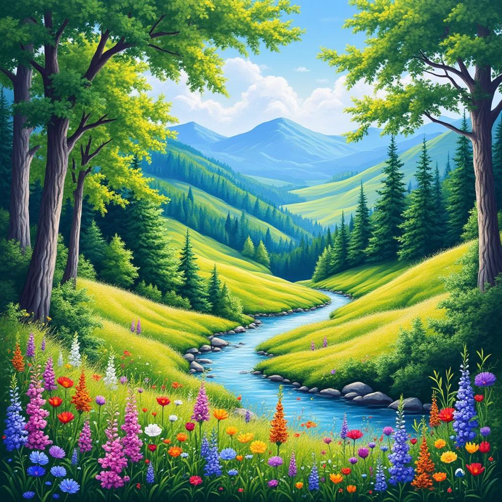 Create a vibrant and detailed landscape painting capturing the essence of nature. Include a lush green forest with tall, majestic trees, dappled sunlight filtering through the leaves, and a serene river meandering through the scene. Incorporate a colorful array of wildflowers in the foreground, with a backdrop of rolling hills under a clear blue sky. Use a soft, impressionistic style to enhance the beauty and tranquility of the natural environment, ensuring high resolution and rich color saturation for a striking visual impact.