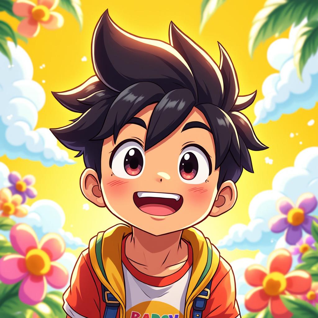 A cheerful anime boy with a bright smile, featuring large expressive eyes and styled spiky hair. He is wearing a colorful, casual outfit, set against a vibrant, sunny background with soft clouds and a few colorful flowers. The lighting is warm and inviting, enhancing the joyful atmosphere. The composition focuses on the boy's upper body, capturing his energetic pose and playful demeanor, with vivid colors and smooth lines typical of high-quality anime art.