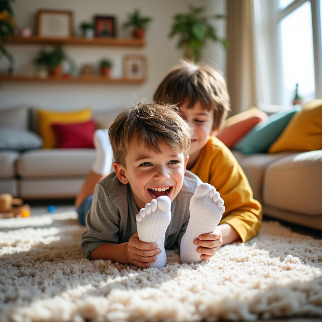 A lively scene in a cozy living room, featuring a twelve-year-old boy lying on his stomach on a soft rug, wearing white socks. His expression is a mix of laughter and surprise as his best friend, positioned behind him, playfully tickles his feet. The room is warmly lit with sunlight streaming through a nearby window, casting soft shadows. Decor elements include a comfortable sofa, colorful cushions, and a few toys scattered around, creating a cheerful and inviting atmosphere. The composition captures the joy of friendship and playful moments, with a focus on the boys' expressions and the textures of the surroundings.