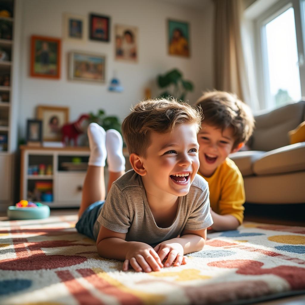 A cozy living room scene featuring a twelve-year-old boy lying on his stomach on a soft, colorful rug, wearing white socks. His expression is one of laughter and delight as his best friend, a boy of similar age, sits behind him, playfully tickling his feet. The room is warmly lit by soft afternoon sunlight streaming through a window, casting gentle shadows. The walls are adorned with family photos and playful decor, while a plush couch and scattered toys add to the inviting atmosphere. The composition captures a moment of joy and friendship, with a focus on the boys' expressions and the cozy surroundings.