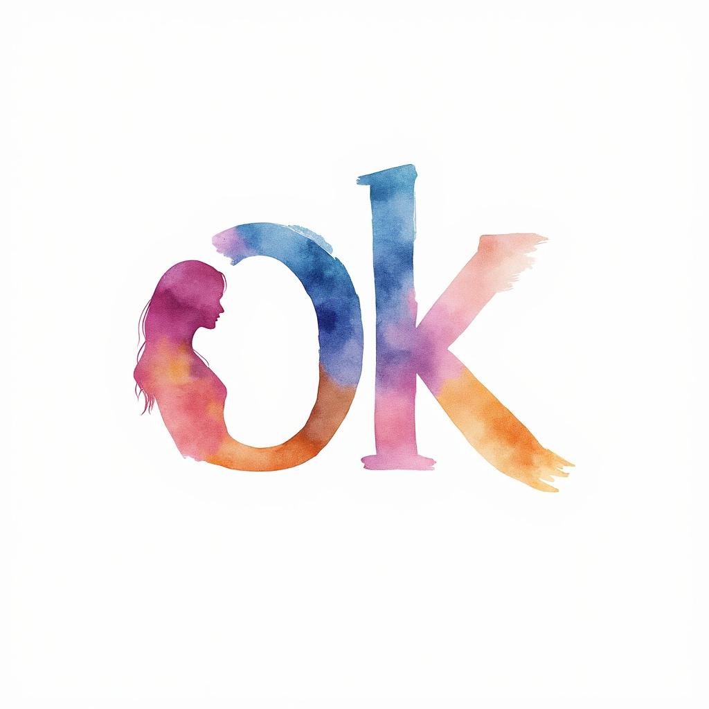 Create a watercolor logo featuring the silhouette of a mother tenderly holding a child, with their forms seamlessly blending to represent the capital letters "O" and "K" in a natural and abstract manner, without any visible text. Utilize soft pastel watercolor tones that evoke feelings of love and warmth, ensuring smooth, flowing lines and a minimalist style. The composition should be gentle and harmonious against a clean white background, emphasizing a sense of care and tranquility in the design.