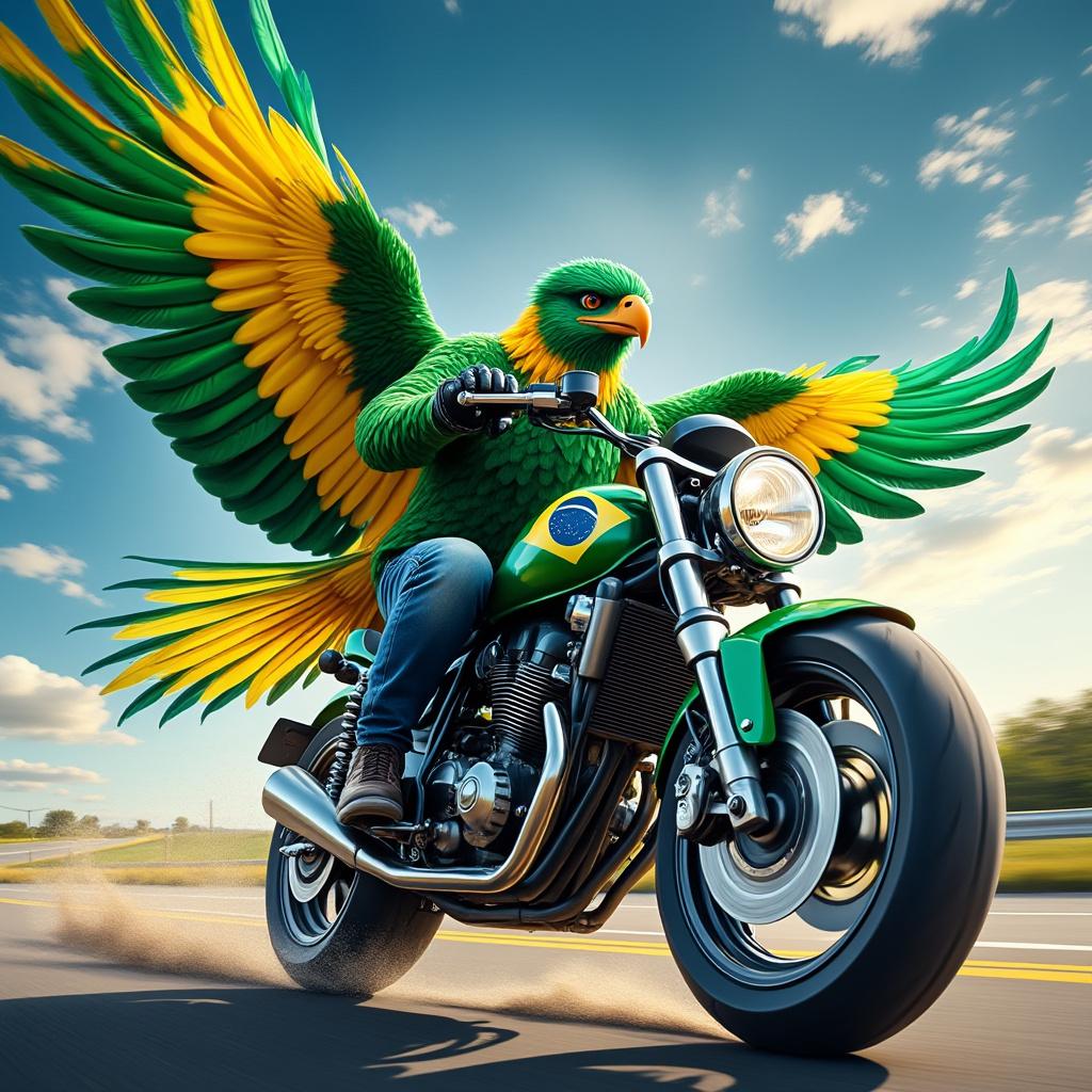 A vibrant Brazilian eagle, adorned in the colors of the Brazilian flag—green, yellow, and blue—riding a sleek motorcycle. The scene is set against a dynamic backdrop of a sunny sky, with clouds adding depth. The composition features the eagle in mid-flight, wings spread wide, showcasing intricate feather details. The motorcycle is a modern design, gleaming in the sunlight, with reflections highlighting its chrome elements. The overall style is realistic with a touch of surrealism, emphasizing vivid colors and sharp contrasts to create an eye-catching and high-quality image.