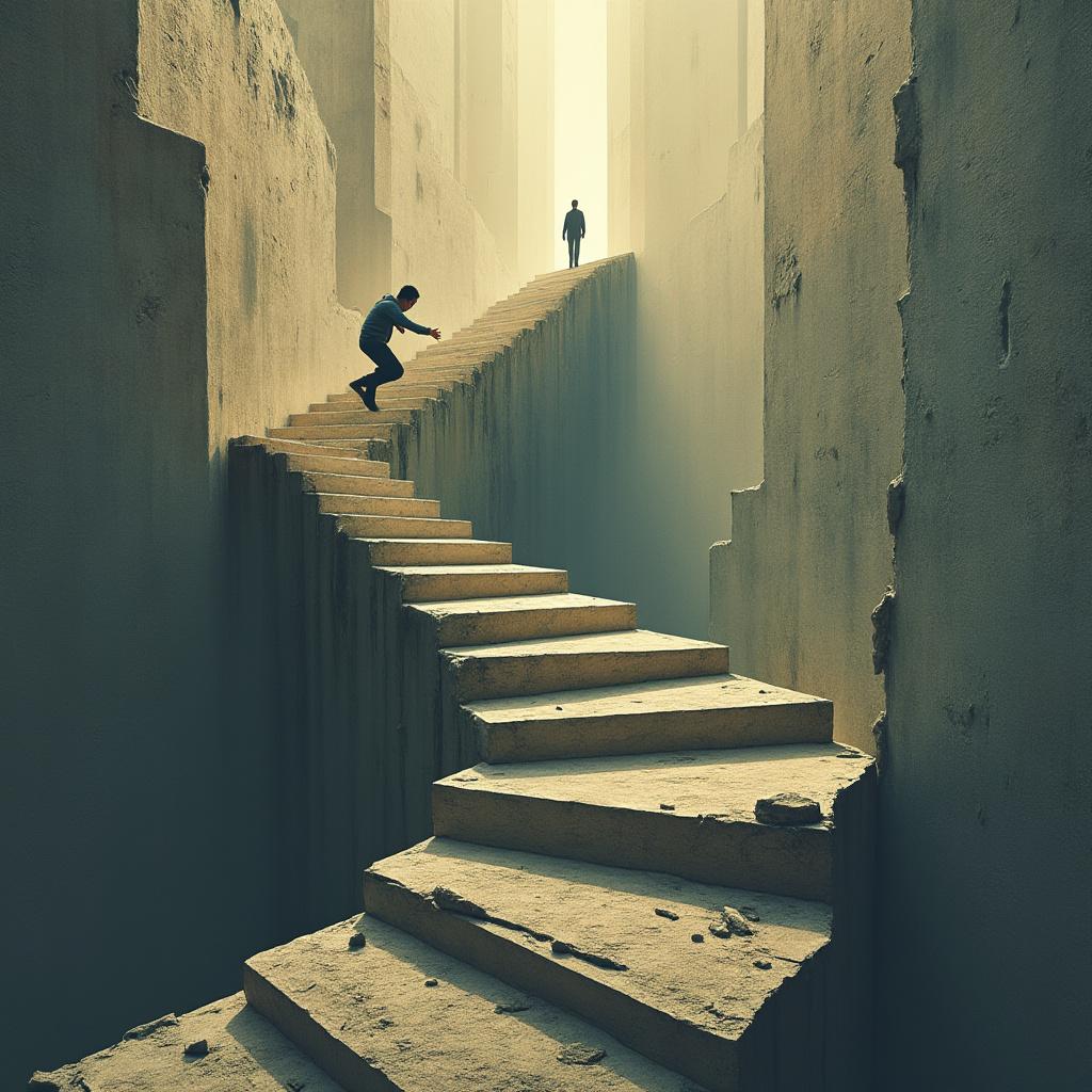 Create a visually striking metaphorical illustration depicting a person attempting to climb a steep, infinite staircase with missing steps. The scene should convey a sense of struggle and determination, with soft, diffused lighting highlighting the figure's effort. The staircase should be intricately designed, blending surreal and abstract elements, symbolizing the concept of study without strategy. In the background, a faint glow emanates from the top of the staircase, representing knowledge and success. Use a color palette of warm tones to evoke motivation, and ensure the composition emphasizes the height and challenge of the climb, inviting viewers to reflect on the importance of purposeful learning.