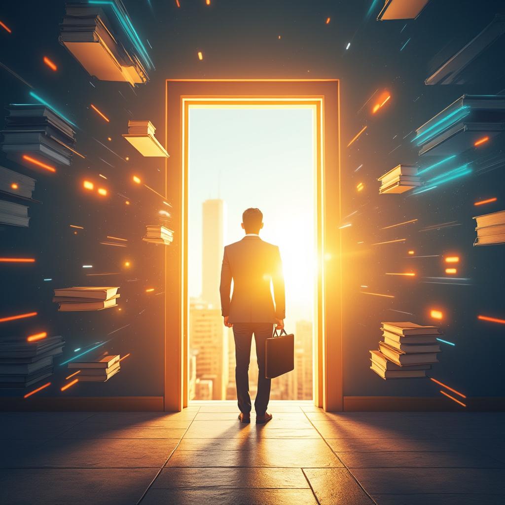 Create a visually striking image depicting an open door illuminated by warm, inviting light, symbolizing opportunities and knowledge. In the foreground, a figure stands confidently, holding a briefcase, representing the transformation of knowledge into a successful career. The background should feature a blurred cityscape, suggesting ambition and growth. Incorporate elements like books and light rays emanating from the door to emphasize the theme of learning and career advancement. Use a soft focus for the background to enhance the depth and make the foreground elements pop. Aim for a modern, inspirational style with vibrant colors and a high-quality finish.