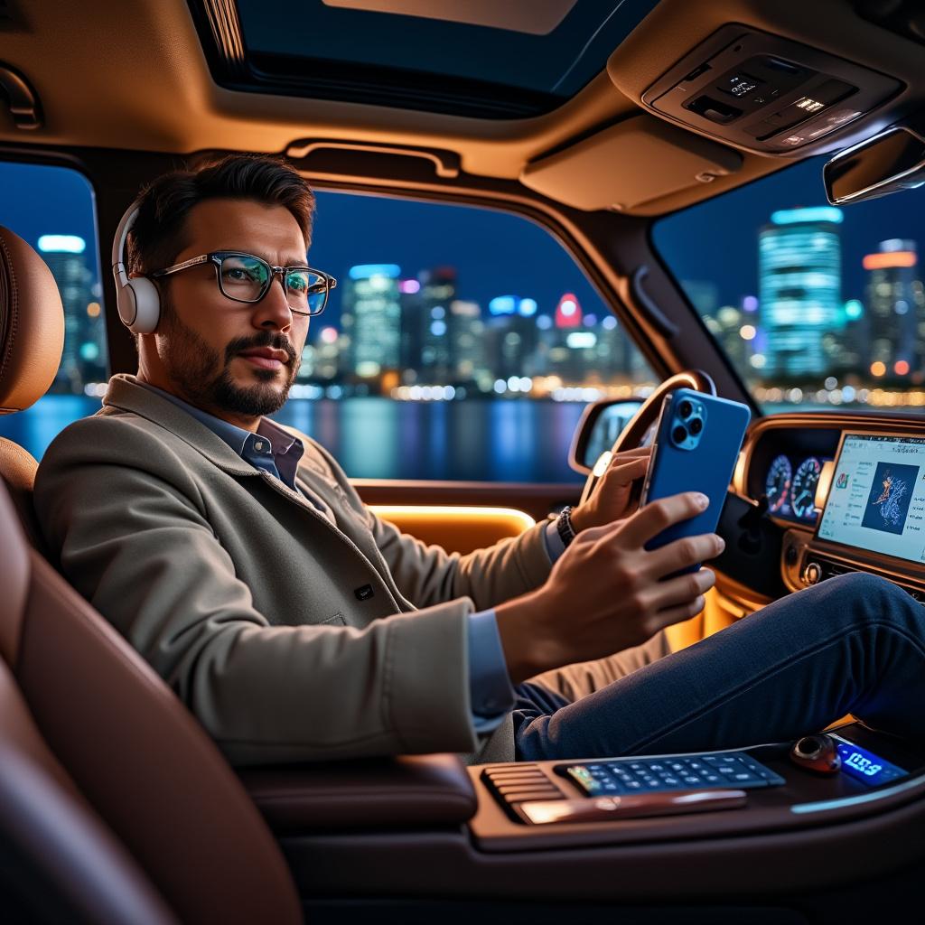 Create a hyper-realistic portrait of a man seated inside a luxurious Toyota Land Cruiser GXR Turbo, which should have no visible logos or branding. The vehicle is parked, with large windows displaying a vibrant modern cityscape at night, illuminated with warm, elegant lighting that reflects subtly on the opulent interior. The man maintains the same pose and expression as in the original reference photo, holding a blue iPhone 11 with a white silicone case in his hand. He is wearing white headphones, Cartier glasses, and casual attire, exuding a natural and realistic demeanor. Focus on capturing intricate textures, soft lighting, and fine details within the car's interior. Ensure the background is sharp and sophisticated, with harmonious warm tones. The composition should be in portrait ratio, sized 1080x1350.