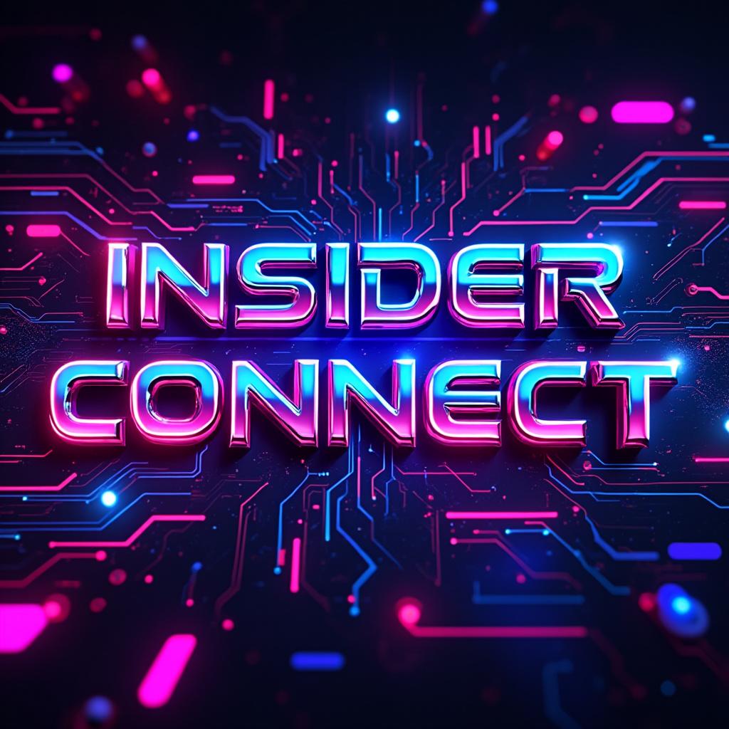 Create a futuristic logo featuring the text "Insider Connect" in bold, metallic typography that embodies a high-tech aesthetic. Utilize a vibrant color palette of fuchsia, purple, and royal blue, enhanced with glowing neon accents that radiate from the letters. Surround the text with sleek, modern technology-inspired elements, including intricate digital circuits, holographic lines, and futuristic interface patterns that evoke a sense of innovation. The composition should exude professionalism and cutting-edge design, highlighting a polished metallic shine and a contemporary tech feel, all under dramatic lighting that emphasizes depth and dimensionality.