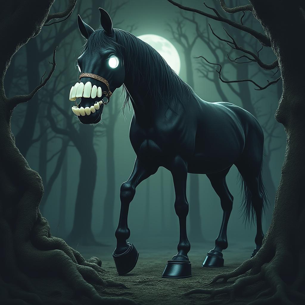 Create a surreal image of a horse with a denture for a head, wearing sleek black shoes. The setting is a dark, dense forest, with twisted trees and deep shadows that enhance the eerie atmosphere. Soft, diffused moonlight filters through the canopy, casting ghostly glows on the forest floor. The composition should focus on the horse in the foreground, with intricate details on the denture and shoes, contrasting against the dark, moody background. Aim for a high-quality, painterly style that evokes a sense of whimsy and mystery.