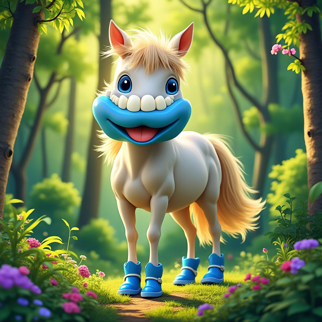 Create a whimsical scene featuring a horse with a unique denture-shaped head, standing in a vibrant, lush forest. The horse should be wearing bright blue shoes that contrast with the greenery around it. The composition should be playful and surreal, with dappled sunlight filtering through the trees, casting soft shadows on the forest floor. Use a colorful, cartoonish style to enhance the fantastical elements of the image, ensuring high detail and clarity to highlight the horse's unusual features and the enchanting forest setting.