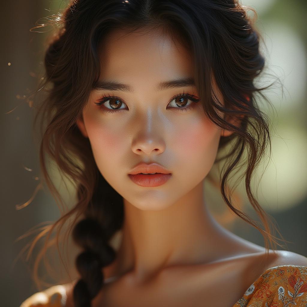 Create a semi-realistic digital painting of an Indonesian girl, featuring finely detailed facial features and smooth skin texture. Utilize soft blending techniques to achieve a warm, natural color palette. The composition should emphasize cinematic soft lighting that highlights her face and attire. Ensure the image is in UHD 8K resolution, capturing intricate details and a high level of realism in the overall presentation.