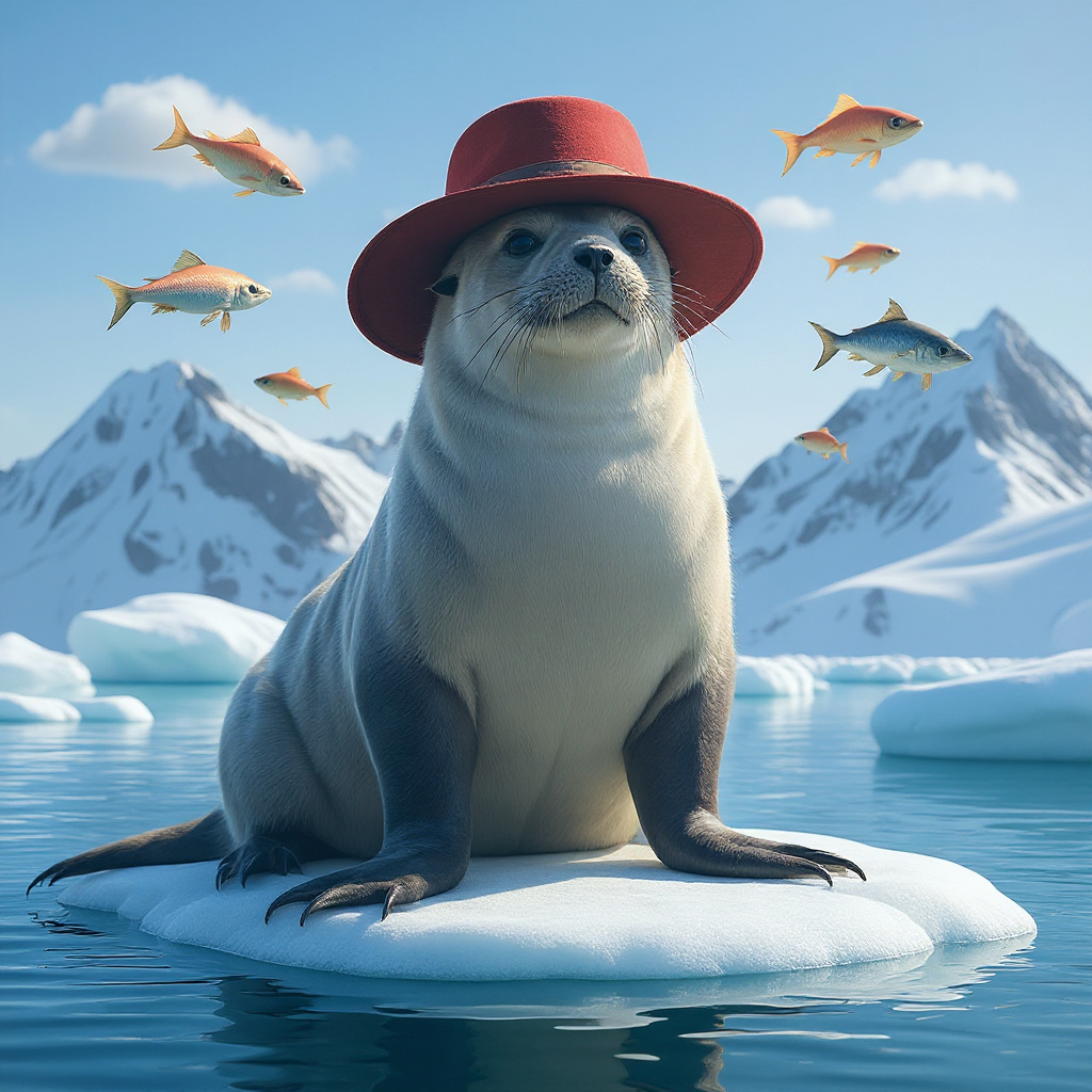 Add a vibrant red hat on the sea lion's head, ensuring it fits naturally with realistic shadows and highlights. Surround the sea lion with several small, colorful fish leaping joyfully around it, capturing a sense of movement and playfulness. Adjust the lighting to enhance the overall scene, ensuring the added elements blend seamlessly with the existing background.