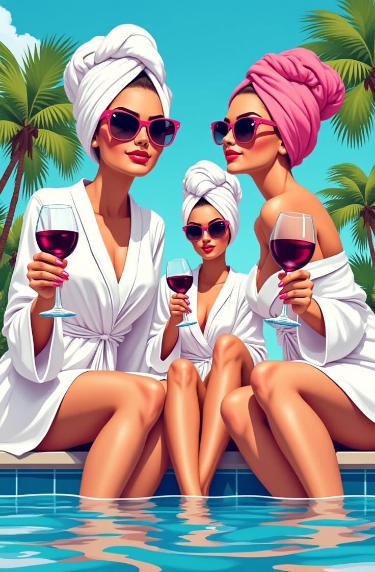Create a vibrant digital illustration for a spa day birthday invitation background, featuring three stylish young women seated poolside at a luxury spa. They are adorned in elegant white bathrobes, chic sunglasses, and fashionable hair towels, each holding a glass of rich red wine. The atmosphere is modern and cheerful, characterized by an elegant ambiance. Utilize a balanced color palette with vibrant hues that evoke a lively yet sophisticated feel, reminiscent of high-end lifestyle magazine illustrations.
The composition should strategically reserve a clear area occupying 40-50% of the image for text, seamlessly blending this blank space with a soft gradient or solid tone that reflects the dominant colors of the scene. This designated area must appear intentional and cohesive, ensuring it is suitable for adding event details such as name, date, location, and personalized birthday messages, much like a polished digital invitation template. Emphasize high-quality rendering and meticulous attention to detail to enhance the professional style of the artwork.