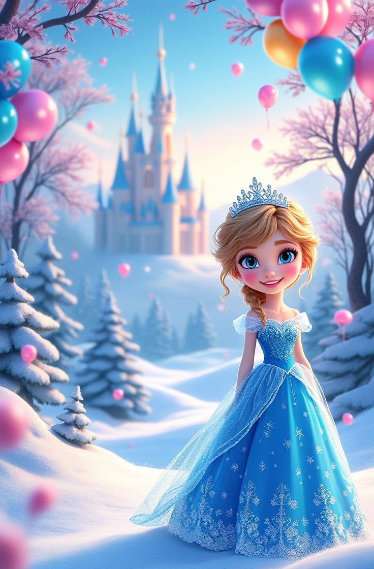 Create a whimsical digital illustration for a winter princess birthday invitation background. In the upper portion, depict a charming young girl in a shimmering blue princess dress adorned with intricate snowflake patterns, wearing a sparkling tiara and radiating joy. She stands amidst a picturesque, snowy fairytale landscape, featuring colorful balloons, frosty trees, and a distant enchanting castle under a soft, magical glow. The atmosphere should evoke a sense of wonder and cheer, rendered in a polished, professional style reminiscent of children's storybook art.
Reserve the lower 40-50% of the image for text placement, ensuring this section has a smooth, clean background that harmonizes with the overall color palette, utilizing a soft snowy gradient or solid icy blue/white tones. This empty space should remain simple and uncluttered to allow for easy addition of invitation details such as the child's name, age, date, location, and personalized birthday messages, resembling a genuine digital invitation template.