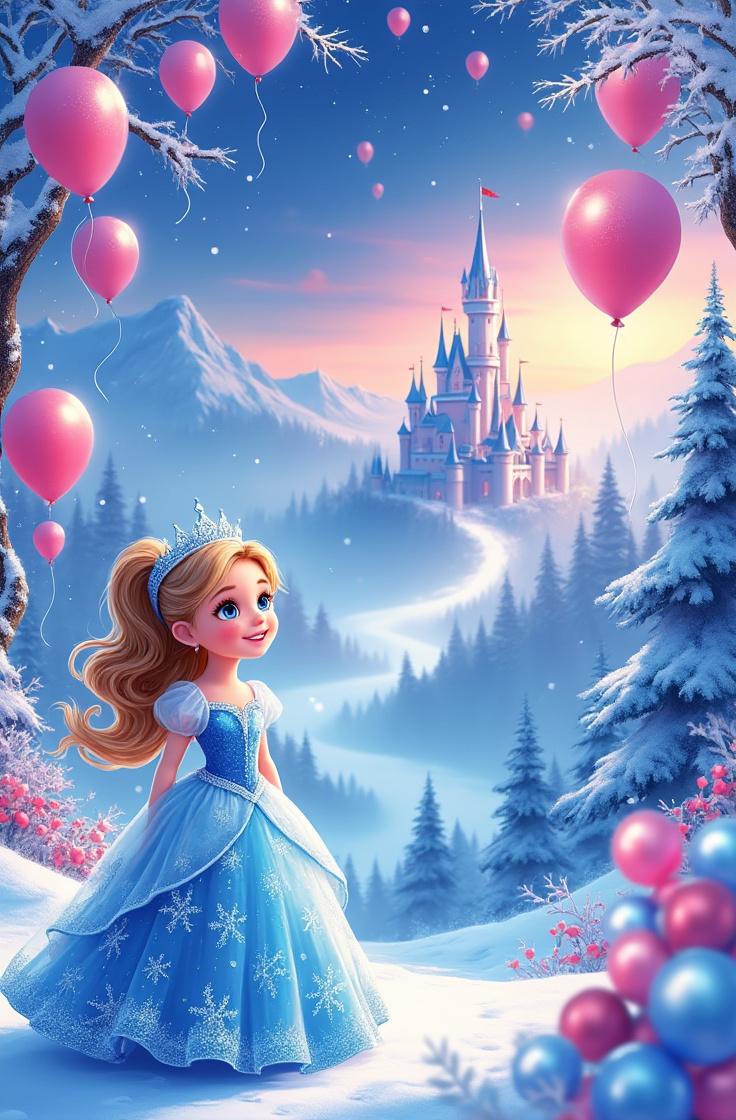 Create a whimsical digital illustration for a winter princess birthday invitation background. The upper section should feature an adorable little girl in a shimmering blue princess dress adorned with intricate snowflake patterns, wearing a sparkling tiara, and radiating joy with a bright, cheerful expression. She should be positioned in a captivating snowy fairytale landscape, complete with colorful balloons, frosty trees, and a distant, enchanting castle under a soft, magical twilight sky.
The overall atmosphere must evoke a sense of magic and cheerfulness, achieved through a polished, professional illustration style reminiscent of children's storybook art, with vibrant colors and delicate details.
Reserve the lower 40–50% of the image as a blank area for text, designed as a smooth, clean background that seamlessly blends with the top scene. This section should feature a soft snowy gradient or a solid icy blue/white tone, maintaining a simple and uncluttered appearance to allow for the addition of invitation details such as the child's name, age, date,