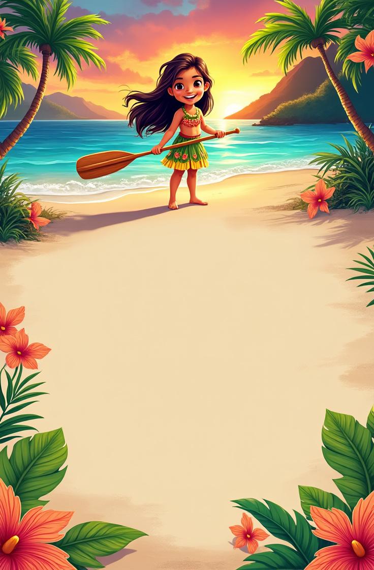 Create a vibrant digital illustration for a tropical island birthday invitation background. The upper section features a cute little girl with long hair, dressed in a colorful Polynesian-inspired outfit, joyfully holding a wooden paddle. She stands on a sandy beach surrounded by swaying palm trees, with gentle ocean waves lapping at the shore and distant mountains silhouetted against a breathtaking sunset. The scene should evoke a magical, adventurous, and cheerful atmosphere, utilizing a rich yet balanced tropical color palette, reminiscent of polished children's animated films.
The lower 40–50% of the image must be a smooth, clean background designed for text, featuring a soft sandy gradient or harmonious tropical tones that seamlessly blend with the vibrant upper scene. This area should remain uncluttered and simple, allowing ample space for the addition of invitation details such as the child's name, age, date, location, and custom birthday messages, emulating a professional digital invitation template.