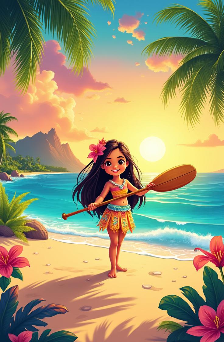 Create a vibrant digital illustration for a tropical island birthday invitation background. The upper section features a charming little girl with long hair dressed in a colorful Polynesian-inspired outfit, joyfully holding a wooden paddle. She stands on a picturesque sandy beach surrounded by lush palm trees, gently rolling ocean waves, and distant mountains, all illuminated by the warm hues of a stunning sunset. The scene should evoke a magical, adventurous, and cheerful atmosphere, utilizing a palette of vibrant yet balanced tropical colors in a polished, professional style reminiscent of children’s animated films.
Reserve the bottom 25–35% of the image as a smooth, clean background for text, seamlessly blending with the upper scene. This area should feature a soft sandy gradient or tropical tones, remaining simple and uncluttered to allow ample space for adding invitation details such as the child’s name, age, date, location, and personalized birthday messages. Ensure the overall composition is engaging and visually appealing, perfect for a digital invitation template.