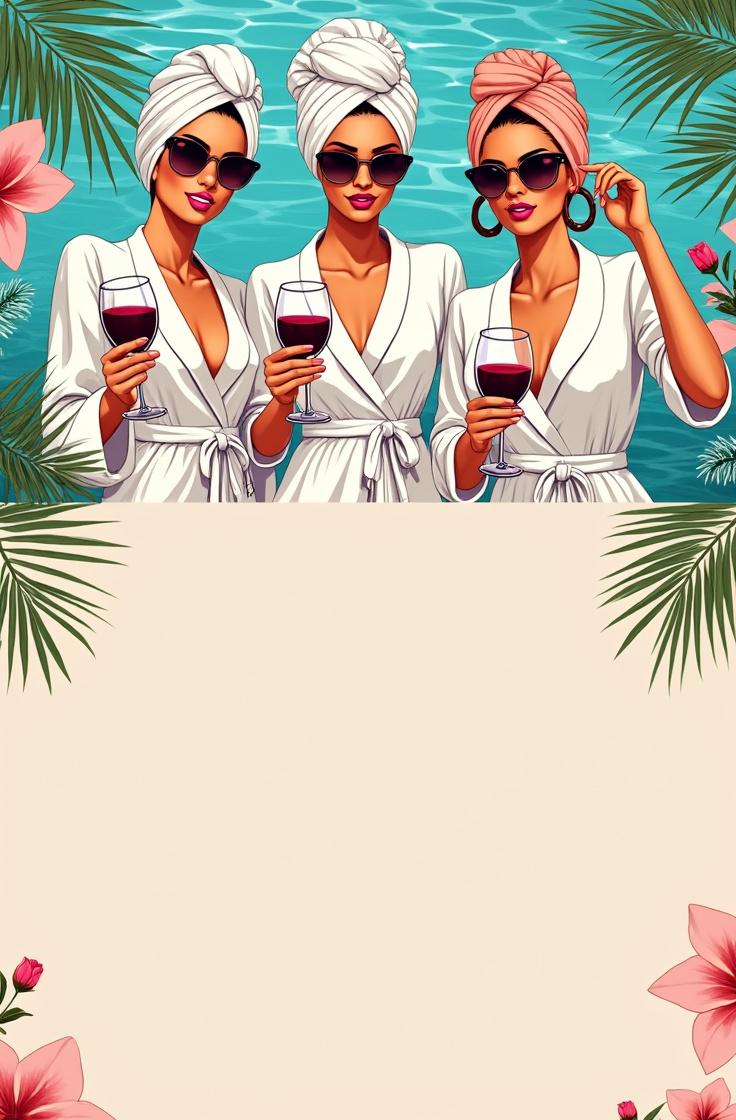 Create a digital illustration for a luxurious spa day birthday invitation background. The upper half of the composition should feature three fashionable young women relaxing poolside at an upscale spa, adorned in plush white bathrobes, stylish sunglasses, and chic hair towels. Each woman is elegantly holding a glass of red wine, embodying a cheerful and sophisticated atmosphere. The scene should be infused with vibrant yet harmonious colors, reflecting a polished, modern aesthetic reminiscent of high-end lifestyle magazine illustrations.
Reserve the lower 40-50% of the image as a clean, smooth background specifically designed for text placement. This area should be in a soft gradient or solid color that complements the overall color palette of the illustration, ensuring it blends seamlessly with the top section while remaining simple and uncluttered. This blank space will serve as a professional canvas for adding event details such as name, date, location, and personalized messages, emulating the look of a refined digital invitation template.