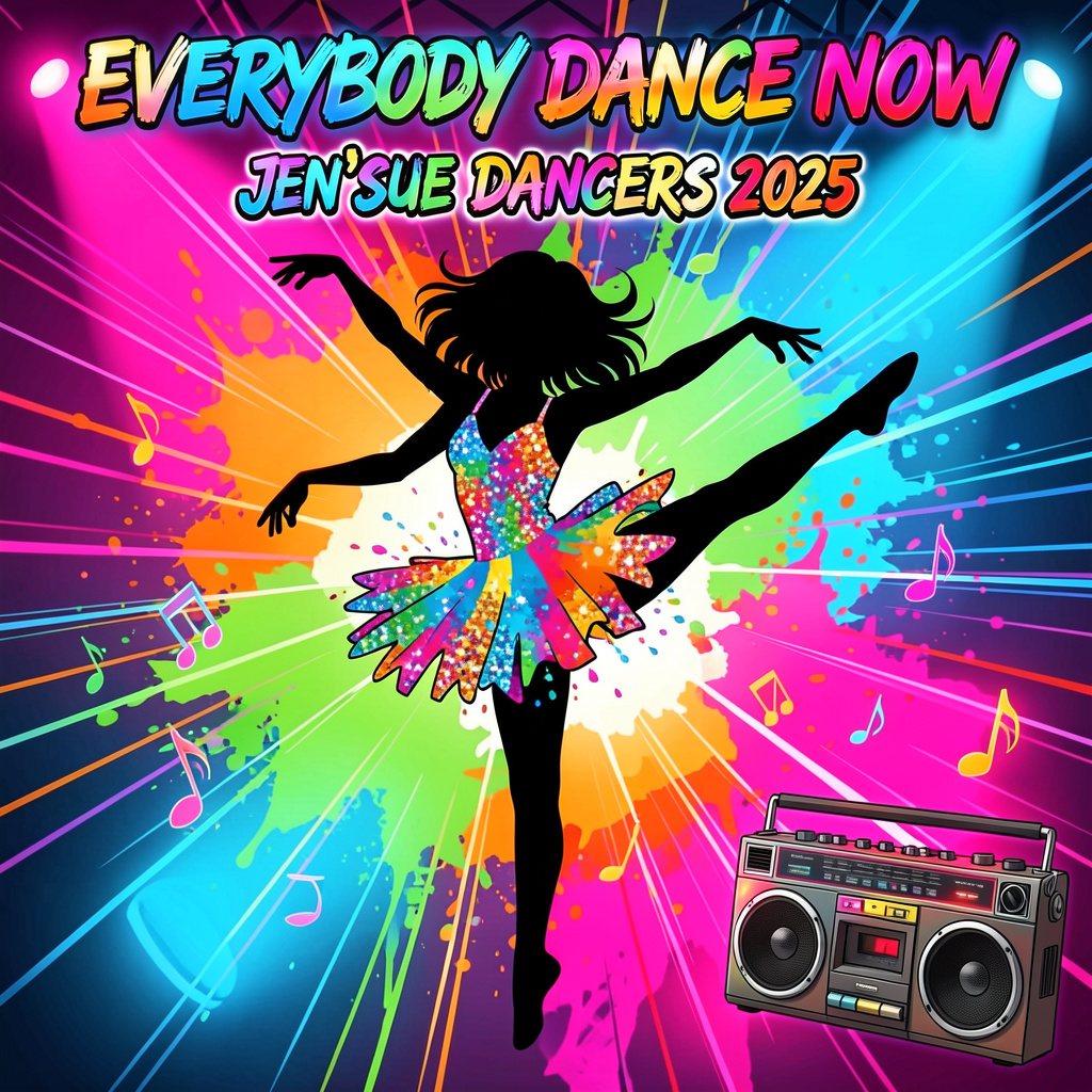 Create a vibrant and dynamic illustration featuring a joyful female teen dancer silhouette, perfectly proportioned and showcasing exceptional dance technique in mid-leap. She is adorned in a multicolored costume resembling splashing paint and sparkling sequins, embodying the essence of movement and energy. The silhouette is centrally positioned with arms gracefully extended and one leg kicked high, radiating joy.

The background bursts with fluorescent splashes of electric pink, neon green, bright orange, and electric blue, intermingled with floating musical notes, stage lights, and dynamic motion lines radiating outward, enhancing the sense of rhythm and excitement. In the lower corner, include a detailed old-school boombox with retro styling and glowing buttons, evoking nostalgia.

At the top, bold artistic text reads "EVERYBODY DANCE NOW" in dynamic, rhythmic lettering, while "JEN*SUE DANCERS 2025" is elegantly displayed in stylish, bold complementary typography below the dancer. The overall composition should be lively and