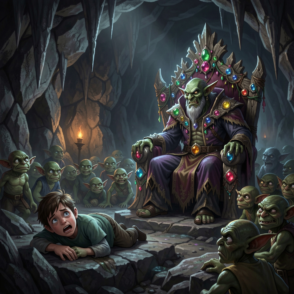 In a dimly lit cave, a young boy, approximately five years old, lies on the rugged rocky ground, his face reflecting a deep sense of fear and vulnerability. In stark contrast, the imposing Goblin King sits regally on a makeshift throne, richly adorned with crude decorations and glimmering jewels, casting an ominous shadow that enhances his menacing presence. Surrounding the throne, a horde of small, mischievous goblins peeks out, their eyes sparkling with mischief in the low light. The cave walls are textured and jagged, with stalactites hanging ominously overhead. Faint, eerie light sources create dramatic contrasts, illuminating the scene with an unsettling glow that heightens the tension. The composition masterfully blends elements of fantasy and suspense, showcasing the emotional depth and intricate details of this magical yet frightening moment, rendered in high quality with a focus on atmospheric depth and dynamic lighting.