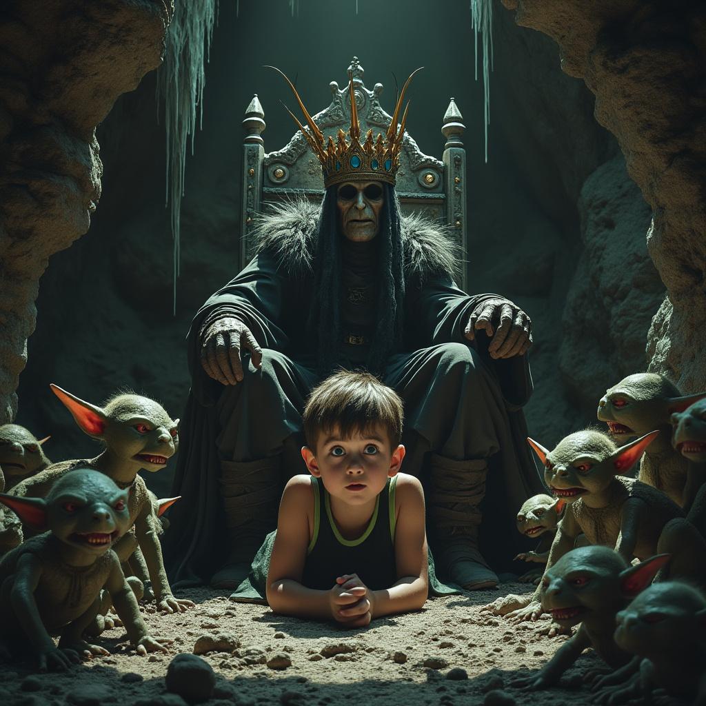 A young boy, around five years old, lies on the rocky ground of a dimly lit cave, his expression embodying fear and vulnerability. In front of him, the imposing figure of a Goblin King sits regally on a makeshift throne adorned with crude decorations and jewels, casting a menacing shadow. Surrounding the throne, a horde of small, mischievous goblins lurk, their eyes glinting in the low light. The cave walls are rough and textured, with stalactites hanging overhead, while faint, eerie light sources create dramatic contrasts and highlight the tension in the scene. The overall composition captures a blend of fantasy and suspense, emphasizing the emotional depth and intricate details of this magical yet frightening moment.