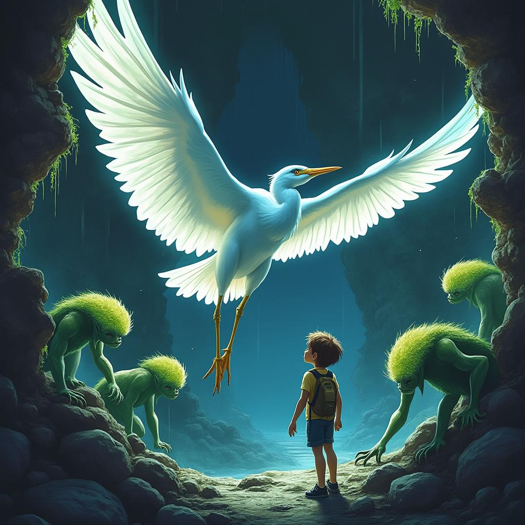 A superhero heron, inspired by Mr. Clean, soars through a dimly lit cave, showcasing its sleek, white feathers that glisten in the soft, ethereal glow of bioluminescent fungi on the cave walls. The heron, with a muscular physique and a confident stance, swoops down to rescue a young boy, who looks up in awe. Surrounding them, menacing goblins lurk in the shadows, their green skin contrasting sharply with the cave's earthy tones. The composition captures the dynamic action of flight, emphasizing the heron's powerful wings spread wide, with dramatic lighting highlighting the tension of the scene. The artwork embodies a blend of fantasy and realism, rendered in a vibrant, colorful style that enhances the heroic atmosphere.