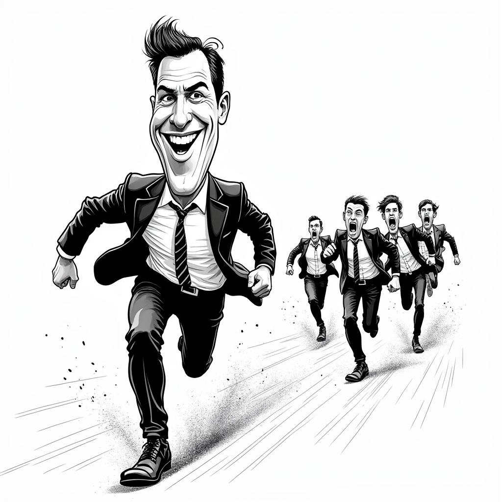 Create a black-ink caricature drawing characterized by clean, precise lines and simple yet realistic details. The central figure is a man dressed in a formal business suit, complete with a jacket, trousers, and a tie, featuring humorous, exaggerated facial features such as a disproportionately large head and a small body. He is depicted in mid-stride, running energetically after a group of slightly scared or confused clients, who are sprinting away with some glancing back in surprise. The man's face radiates a passionate and determined expression, emphasizing his effort to catch up. The background should be minimalistic, incorporating subtle motion and dust effects to convey a sense of speed and urgency. The entire scene should be rendered in a monochromatic palette of black and white or grayscale, emulating the style of a traditional ink caricature, ideal for a marketing Facebook post.
