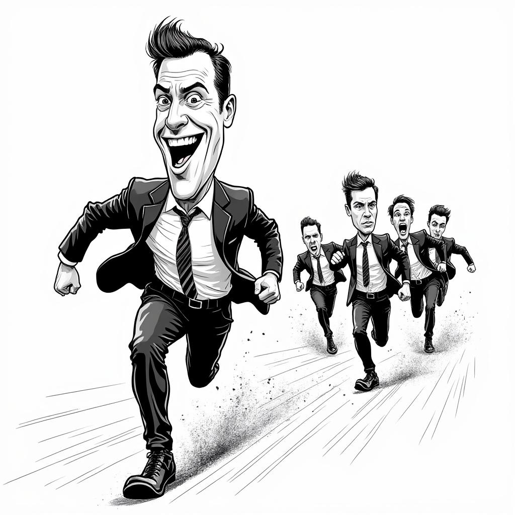 Create a black-ink caricature drawing featuring a man in a formal business suit, including a tailored jacket, trousers, and a tie. His exaggerated facial features should include a disproportionately large head and a small body, conveying a humorous effect. Capture him in mid-run, displaying an enthusiastic and passionate expression as he chases a group of slightly scared and confused clients. The clients should be depicted in dynamic poses, some glancing back in surprise while running forward. The composition should emphasize movement, with minimal background elements and subtle motion or dust effects to suggest speed. Utilize a clean line style and simple realistic details, rendered in black and white or grayscale, reminiscent of traditional ink caricature art, ideal for a marketing Facebook post.