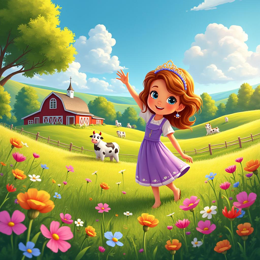 Create a vibrant and picturesque scene of a farm, featuring a girl named Sofia. She should be depicted joyfully exploring the lush green fields, surrounded by colorful flowers and farm animals. The composition should include a rustic barn in the background under a bright blue sky, with soft, golden sunlight illuminating the landscape. Use a warm color palette to evoke a cheerful atmosphere, and employ a whimsical, illustrative style to enhance the charm of the rural setting. Focus on high detail and clarity to ensure the image is visually captivating.