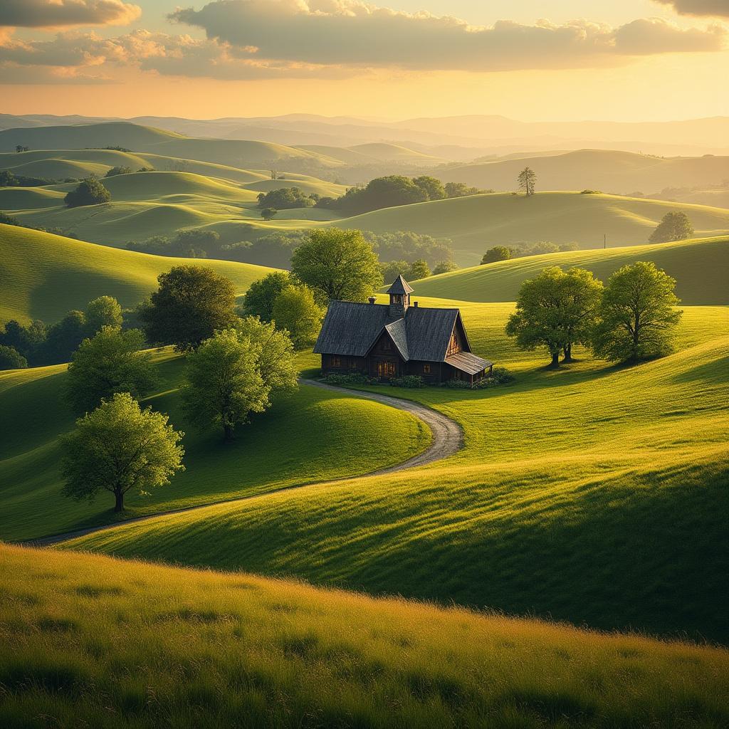 Create an ultra-realistic depiction of a serene countryside landscape featuring a quaint wooden farmhouse nestled amidst lush green fields and clusters of trees. The scene should be bathed in the warm, soft glow of a golden sunrise, casting gentle light and long shadows across the terrain. Include distant rolling hills to enhance depth in the background. Emphasize natural lighting to create a tranquil atmosphere, using high-resolution quality to capture intricate details. Aim for a composition reminiscent of a professional DSLR photograph, focusing on clarity, texture, and vibrant colors.