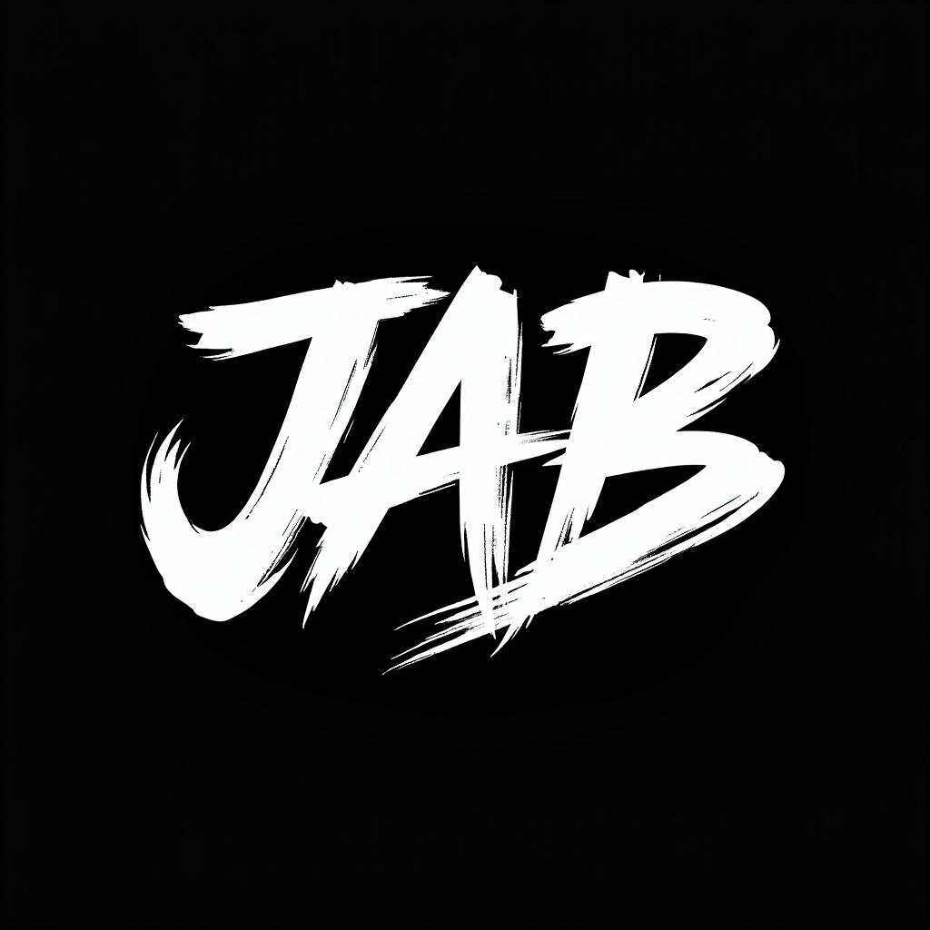 Create a logo featuring the word "JAB" in a striking white brush stroke style. The letters should be bold with varied thicknesses and sharp edges, resembling dynamic brush painting. Set against a deep black background, the design should convey a sleek, stylish, and energetic aesthetic, perfectly suited for a boxing gloves logo. Emphasize the movement and dynamism in the brush strokes to reflect the intensity of boxing.