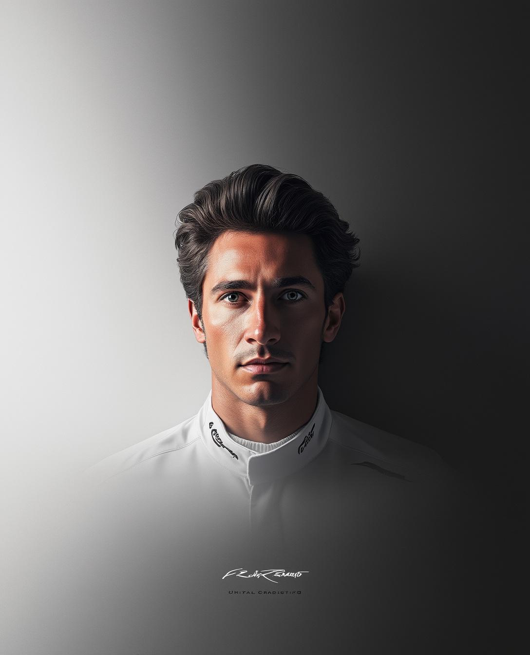 Generate a hyper-realistic portrait of Franco Colapinto, the Argentine F1 driver, with a focus on his face, which should be positioned slightly to the side yet looking directly forward. The composition should feature soft, diffused lighting to create an ethereal atmosphere, highlighting the contours of his face and accentuating the striking 'MULLET' hairstyle, which must be prominently showcased. The background should be a smooth gradient of semi-solid white, black, and gray tones, providing a minimalist yet sophisticated backdrop. Ensure the image is rendered in 4K resolution and in a 9:16 aspect ratio, maintaining anatomical accuracy without any distortions or errors. The overall quality should reflect a professional photoshoot aesthetic, devoid of any text.