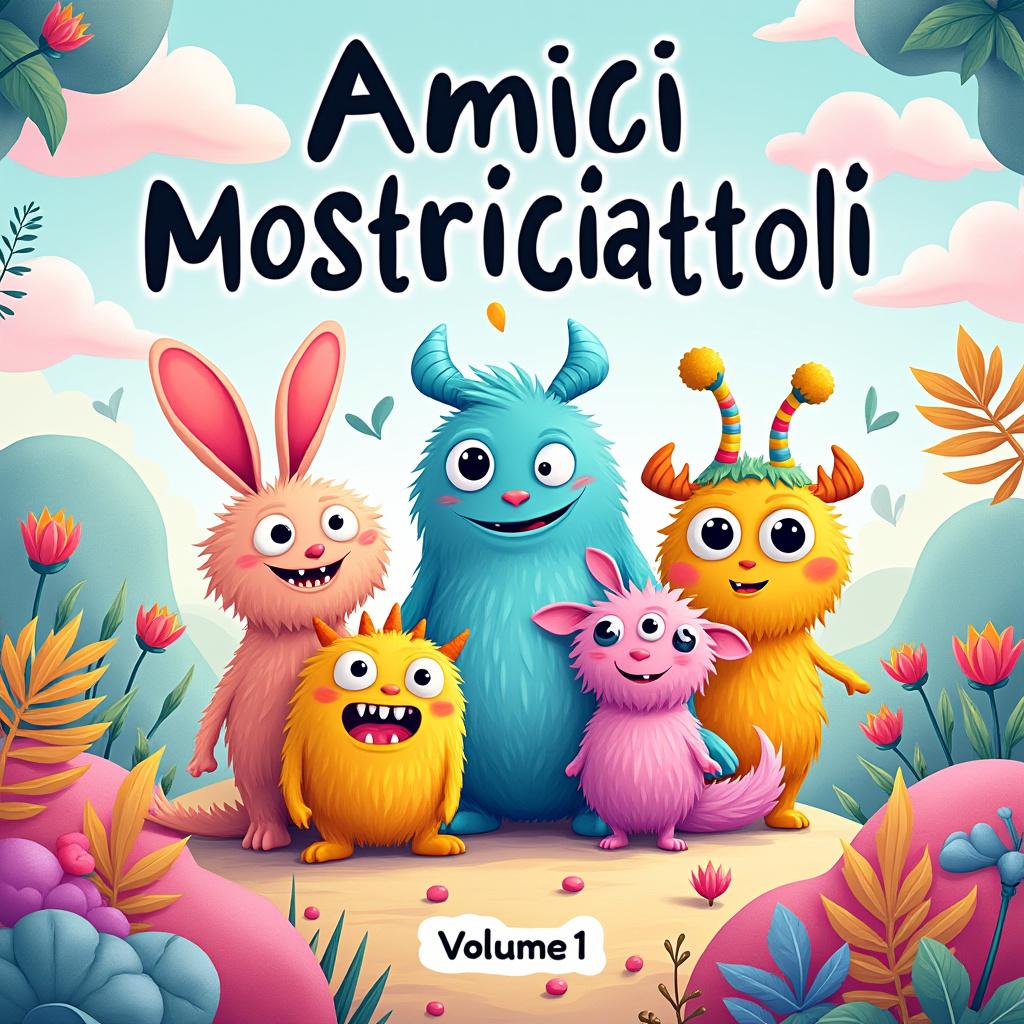 Create a vibrant and whimsical book cover for a children's coloring book titled "Amici Mostriciattoli – Volume 1." Feature five quirky and friendly monsters, each with unique characteristics: one fluffy and round, another with long ears, a tiny one with large eyes, one with an unusual tail, and another adorned with small, colorful horns. Place them together in a fantastical landscape filled with soft, rolling hills, round clouds, and imaginative plants, all rendered in pastel colors. The style should be sweet, playful, and surreal, reminiscent of Labubu's aesthetics but with original designs. At the top, include the cheerful title "Amici Mostriciattoli – Volume 1" in a child-friendly font. Utilize soft lighting to create a happy, dreamy atmosphere that captivates the viewer.