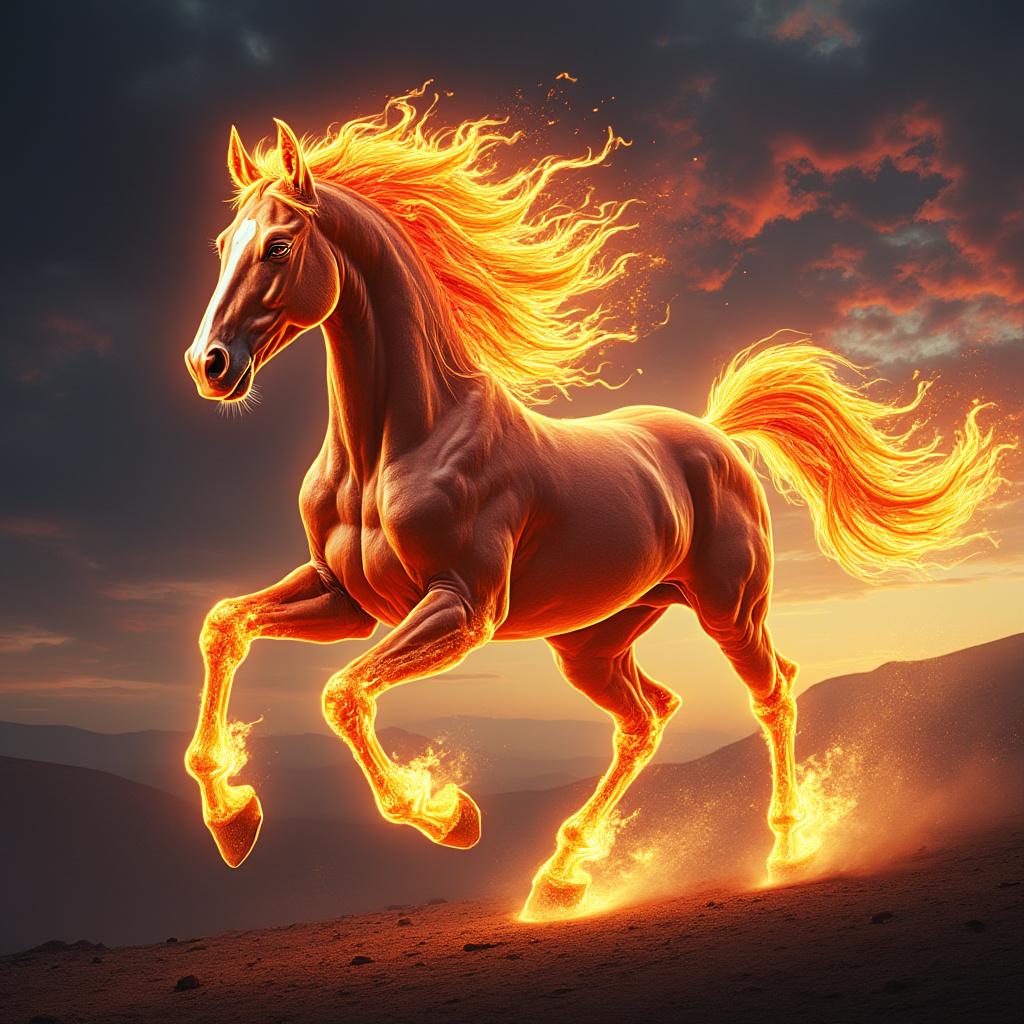A majestic fire horse galloping through a mystical landscape, its mane and tail composed of vibrant flames glowing in shades of orange, red, and yellow. The background features a dramatic twilight sky, with swirling clouds illuminated by the flickering light of the horse's flames. The scene is bathed in a warm, ethereal glow, highlighting the intricate details of the horse's muscular form and the dynamic movement of its fiery mane. The composition captures a sense of power and grace, blending realism with a fantastical, surreal style.