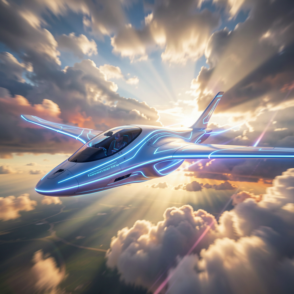 "An ultra-modern aircraft designed with a sleek, futuristic aesthetic, featuring a luminous plasma exterior that emits a vibrant glow. The aircraft is soaring through a dynamic sky, with dramatic clouds and rays of sunlight piercing through, highlighting its innovative design. The scene is composed with a focus on the aircraft in the foreground, showcasing intricate details like glowing lines and a high-tech cockpit, while the background offers a blend of vivid colors to enhance the sense of speed and advanced technology. The overall style is hyper-realistic, capturing the essence of a cutting-edge, sci-fi environment."